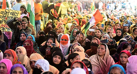Protestors during an interaction with the Supreme Court appointed interlocutors Sanjay Hegde and Sadhna Ramchandran at the site of their ongoing agitation against Citizenship Amendment Act and National Register of Citizens in New Delhi Thursday Feb. 20 20