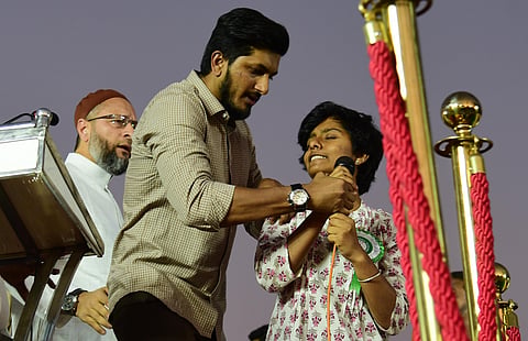 Amulya Leona raises slogans at Freedom Park in Bengaluru on Thursday. (Photo | EPS/inod Kumar T)