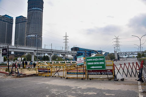 A view of the Noida-Delhi road closed due to Shaheen Bagh protests in Noida Friday Feb. 21 2020. The road was opened briefly Friday morning but it was blocked again with police barricades. (Photo | PTI)