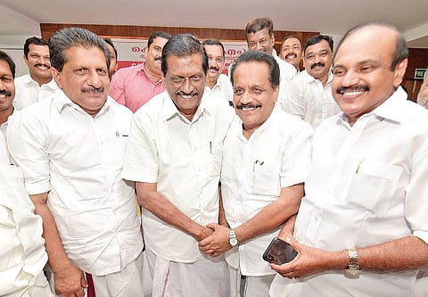 KC (Jacob) chairman Johnny Nellore meeting KC (M) working chairman P J Joseph in Kottayam on Friday