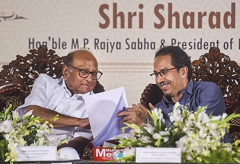 NCP leader Sharad Pawar (L) and Maharashtra Chief Minister Uddhav Thackeray (R) at the launch of a book on former CM of Maharashtra A R Antulay 'Banaam Nargis' in Mumbai Saturday Feb. 22 2020. (Photo | PTI)