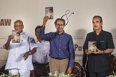 NCP leader Sharad Pawar (L) Maharashtra Chief Minister Uddhav Thackeray (C) and Congress Leader Gulam Nabi Azad (R) at the launch of a book on former CM of Maharashtra A R Antulay 'Banaam Nargis' in Mumbai Saturday Feb. 22 2020. (Photo | PTI)