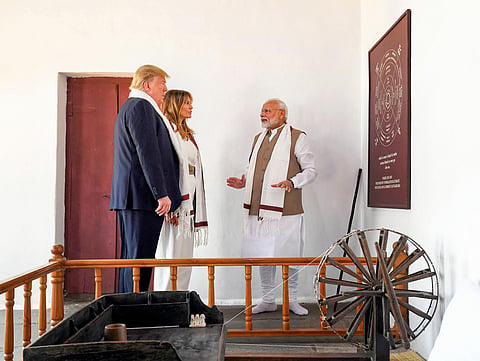Prime Minister Narendra Modi U.S. President Donald Trump and First Lady Melania Trump at Sabarmati Ashram in Ahmedabad Monday Feb. 24 2020. (Photo | PTI)