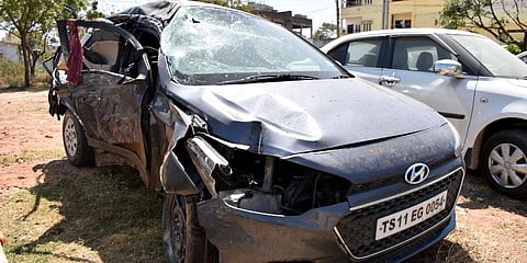 The mangled remains of the car in the Karmanghat mishap, kept at Women’s Police Station, in Saroornagar. (Photo| S Senbagapandiyan, EPS)