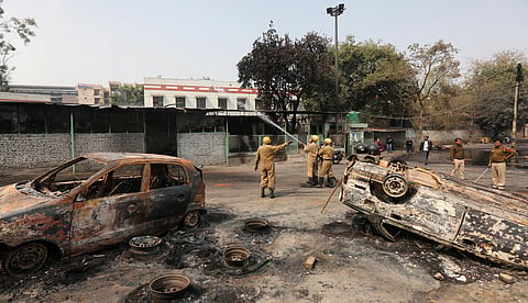 Firemen try to control blaze at tyre market at Gokulpuri in northeast Delhi on Wednesday. (Photo | Shekhar Yadav/EPS)