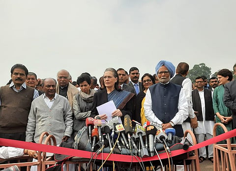 Congress president Sonia Gandhi, Former PM Manmohan singh, AK Antony and others after a meeting with President Ram Nath Kovind on Delhi violence issue in New Delhi on Thursday. (Photo | Shekhar Yadav, EPS)