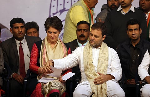 Congress leader Rahul Gandhi and Priyanka Gandhi during the Sangam vihar election rally in New Delhi on Tuesday. (Photo | Shekhar Yadav, EPS)