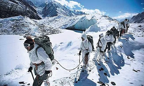 Indian soldiers patrol the Siachen Glacier.(Photo| PTI)