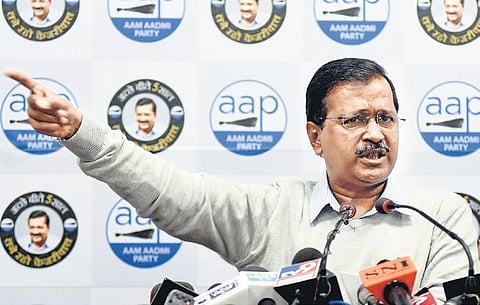 Chief Minister and AAP convenor Arvind Kejriwal addresses a press conference at his party office in New Delhi on Wednesday. (Photo| EPS/Parveen Negi)