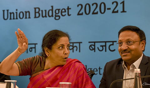 Union Finance Minister Nirmala Sitharaman with Finance Secretary Rajiv Kumar addresses during a press meet in Kolkata. (Photo | PTI)
