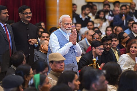 Prime Minister Narendra Modi arrives to attend 'Padma Awards 2019' at Rashtrapati Bhavan in New Delhi. (Photo | PTI)