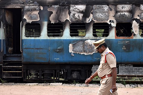The burnt coach at Moula Ali railway station yard (Photo | S Senbagapandiyan, EPS)