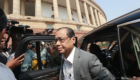 Former CJI Ranjan Gogoi arrives at Parliament house for taking oath as Rajya Sabha MP in New Delhi on Thursday. (Photo | EPS/Shekhar Yadav)