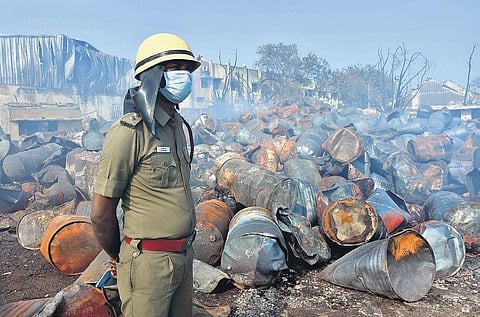 Fire fighters in the second day at a Chemical factory in Madhavaram on Sunday| Ashwin Prasath