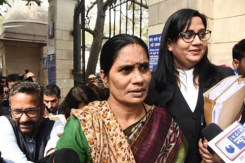 Nirbhaya's mother Asha Devi addresses the media outside the Patiala House court in New Delhi on Monday. (Photo | Parveen Negi, EPS)