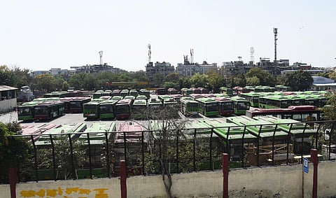 Buses are seen parked at East Vinod Nagar Bus Depot after lockdown in New Delhi. (Photo | Parveen Negi, EPS )