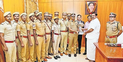 Equestrian team of Chennai police called on Chief Minister after winning at 38th All India equestrian tournament, at Secretariat on Monday | special arrangement