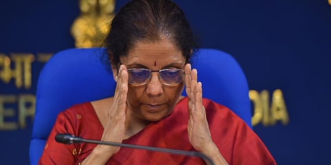 Finance Minister Nirmala Sitharaman addresses media on cabinet decisions at Shastri Bhawan in New Delhi. (Photo| PTI)