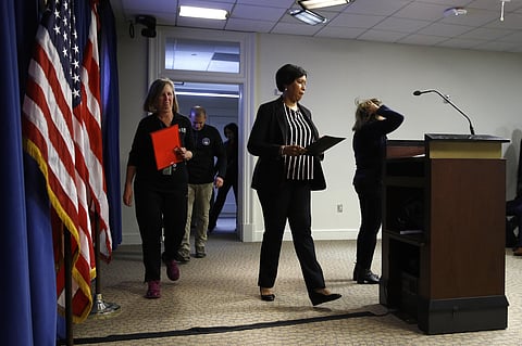 District of Columbia Mayor Muriel Bowser arrives to speak at a news conference to announce the first presumptive positive case of the coronavirus, technically known as COVID-19, in Washington, Saturday, March 7, 2020. (Photo | AP)Â