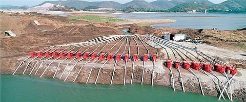 Downstream dewatering works under progress at Polavaram site in West Godavari district. (File photo| EPS)