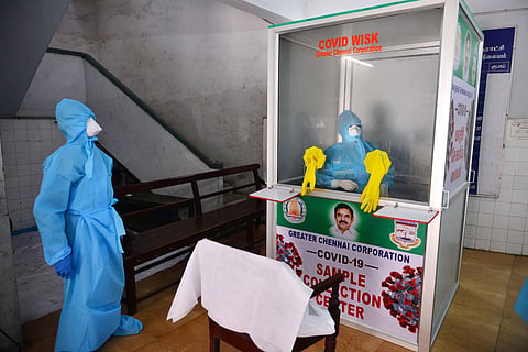 A COVID-19 sample collection kiosk have been installed at Public Health Laboratory and Health Care Center at Pudupet in Chennai on Saturday. (Photo | Debadatta Mallick/EPS)