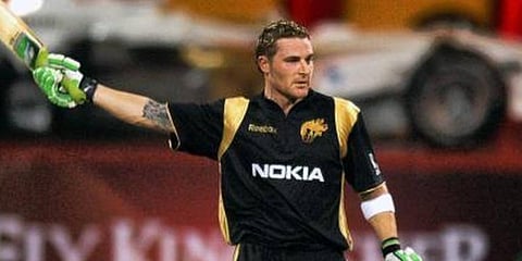 Brendon McCullum celebrates his hundred against RCB. (File Photo | PTI)