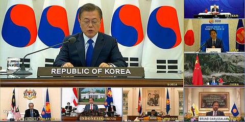 South Korean President Moon Jae-in speaks to ASEAN Plus Three leaders during a virtual summit on COVID-19 and economic issues. (Photo | AP)
