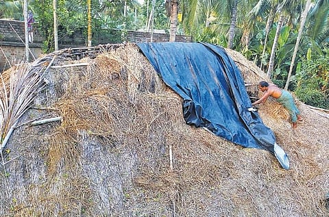 A man trying to cover his cyclone-hit kutcha house with a polythene sheet at Aenda village. (Photo | EPS)