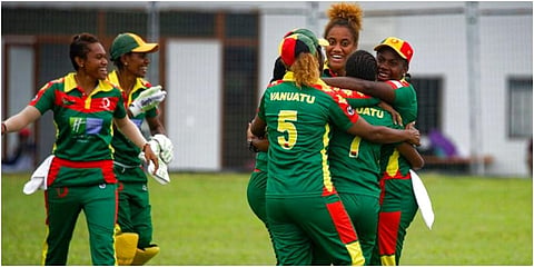 Vanuatu Cricket Association players celebrate during a women's cricket match in Port Vila. (Photo | AP)