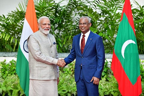 Prime Minister Narendra Modi (L) shakes hands with President of Maldives Ibrahim Mohamed Solih. (File Photo| AFP)