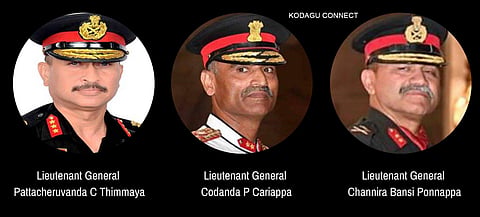 File photos of Lt Gen CP Cariappa, Lt Gen CB Ponnappa (R) and Lt Gen PC Thimmaya (L). (Photo | KodaguConnect Twitter handle)
