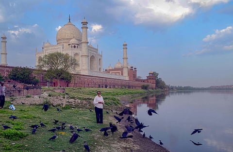 A man feeds birds on the banks of River Yamuna during a nationwide lockdown to curb the spread of coronavirus near the historic Taj Mahal in Agra. (Photo | PTI)