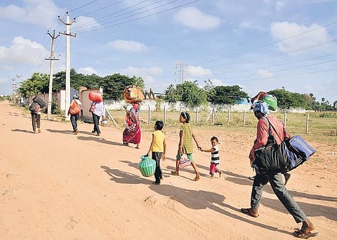 Stopped at Nallur Tollgate, migrant labourers attempting a different route while walking back home | DEBADATTA MALLICK