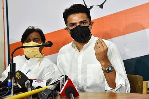 Deputy Chief Minister and Rajasthan Congress President Sachin Pilot addresses media during the ongoing COVID-19 nationwide lockdown in Jaipur Friday. (Photo | PTI)