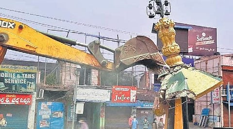 The demolition of the historical monument in Vizianagaram. (Photo | EPS)