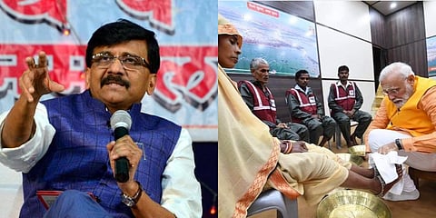 (L)Shiv Sena MP Sanjay Raut, (R) Prime Minister Narendra Modi washing feet of safai karmchari. (Photo| EPS/ Instagram)