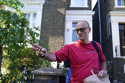 PM Boris Johnson's senior aide Dominic Cummings leaves his north London home, Monday May 25, 2020. Johnson is standing by his top aide, Cummings, who is accused of breaking lockdown rules by traveling 250 miles (400 km) to his parents’ house while coming