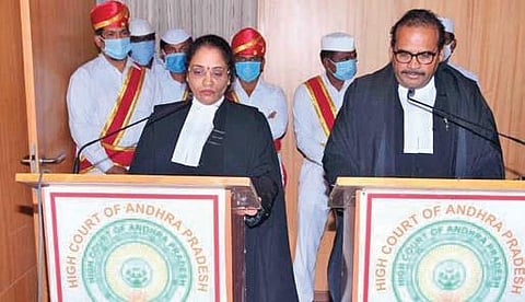 High Court Chief Justice Jitendra Kumar Maheshwari administers oath to Justice Kanneganti Lalithakumari on Saturday | EXPRESS