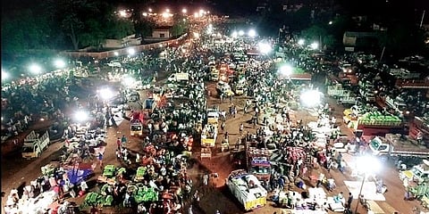 A view of the temporary vegetable market in G-Corner grounds in Tiruchy. (Photo | Special Arrangement)
