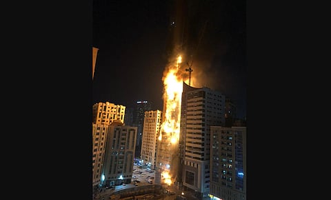 The Abbco Towers in Sharjah was ablaze for up to two hours Tuesday night. (Photo | @SairaTariq18, Twitter)