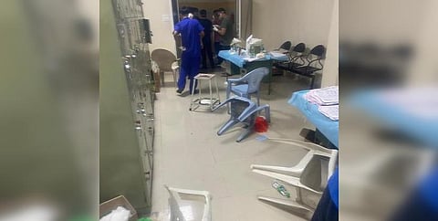 A COVID-19 patient's attendants vandalise the Gandhi Hospital on Tuesday. (Photo| EPS)