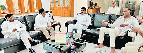 Ministers S Niranjan Reddy, T Harish Rao, G Jagadish Reddy and E Dayakar Rao during the Cabinet sub-committee at the Ministers’ Quarters on Thursday