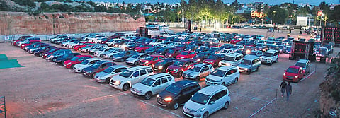 Members of Bethel AG Church International Worship Centre in Hebbal attend Mass in their vehicles. (Photo | Shriram BN, EPS)
