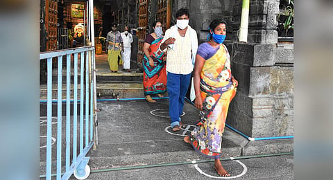 People coming out after darshan at Sri kalahasti temple. (Photo | Madhav K, EPS)