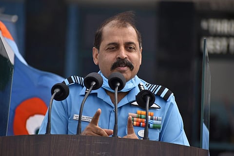 Indian Air Force chief Rakesh Kumar Singh Bhadauria addressing during press meet at Air Force Academy, Dundigul in Hyderabad on Saturday. (Photo | S Sebagapandiyan/EPS)