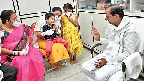 Chief Minister K Chandrasekhar Rao interacts with Col Santosh Babu’s family in Suryapet on Monday