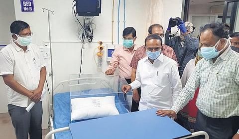 Health Minister Eatala Rajender at the Telangana Institute of Medical Sciences at Gachibowli in Hyderabad on Wednesday