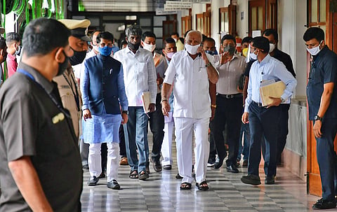 Chief Minister B S Yediyurappa arrives at Vidhana Soudha in Bengaluru on Thursday | Shriram BN
