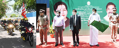 Chief Minister Edappadi K Palaniswami flagged off nine two wheelers fitted with special sprayers to disinfect narrow streets in the containment zones of Chennai