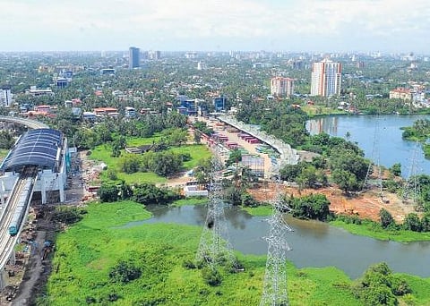 The aerial view of proposed site for Water Metro jetty near Vytilla Mobility Hub , Express